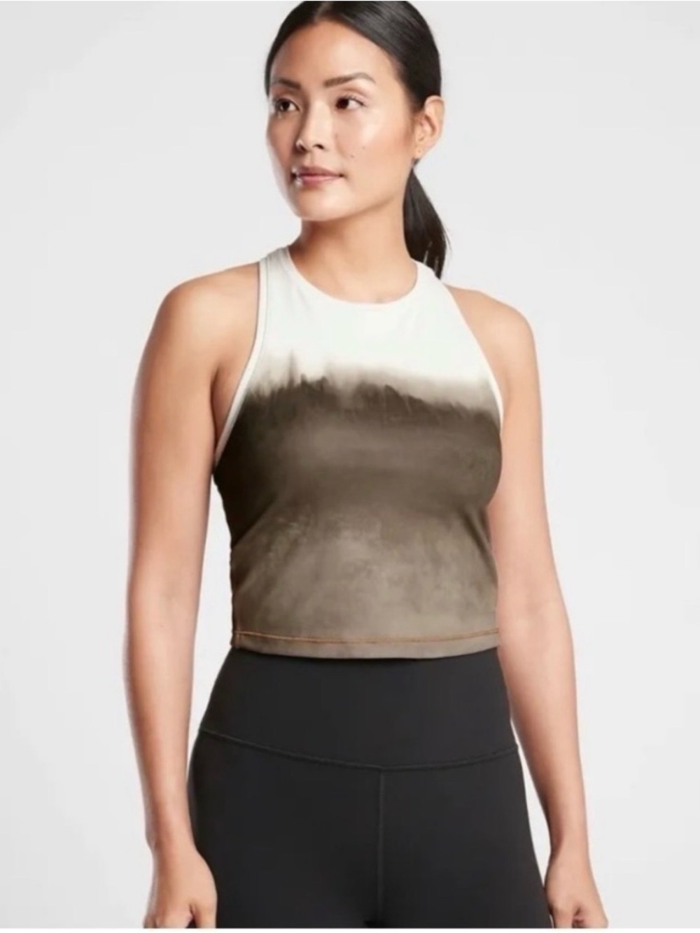 Athleta Shanti Watercolor Racerback White to Olive Ombre High-Neck Crop Tank S